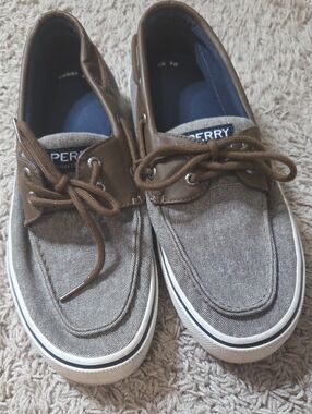 Sperry Men's Taupe Canvas and Brown Leather-Trim Boat Shoes, 9.5